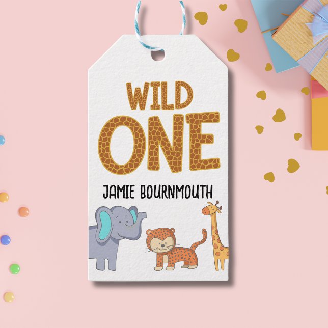 Vild 1 Safari Theme Boys 1:a födelsedagen Presentetikett (Wild one 1st Birthday gift tags.)