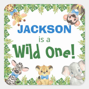 Vild 1 Safari Zoo Animals Boy First Birthday Fyrkantigt Klistermärke