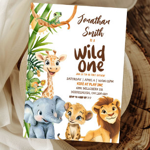Vild 1 Savannah Safari Animal Boy First Birthday Inbjudningar