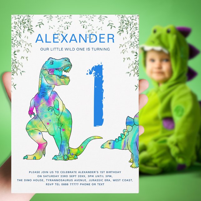 Vild 1 T Rex 1:a födelsedag Party blå Inbjudningar (Dinosaur wild one modern 1st birthday party blue invitation with colorful T-Rex and Stegosaurus dino)