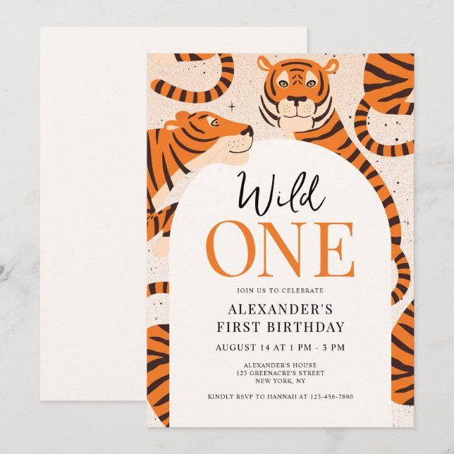 Vild 1 Tiger Safari 1:a födelsedag Party Inbjudningar (Fram/baksida)