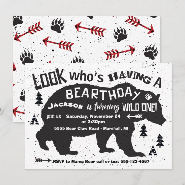 Vild 1: "Tribal Boho Bear Birthday bjudande"! Inbjudningar (Fram/baksida)