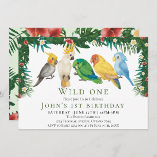 Vild 1 Tropical Exotic Parrots Boy 1st Birthday Inbjudningar