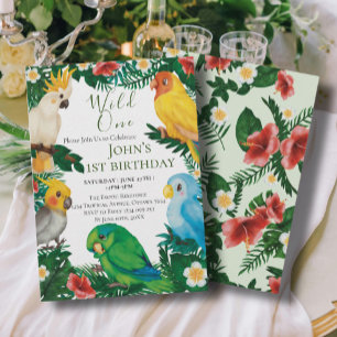 Vild 1 Tropical Exotic Parrots Boy 1st Birthday Inbjudningar