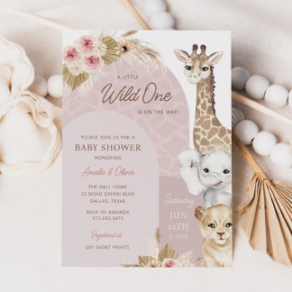 Vild 1 Tropical Jungle Boho Safari Baby Shower Inbjudningar