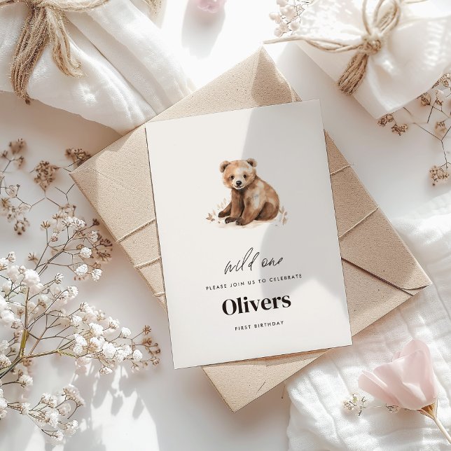 Vild 1 vattenfärgbjörn 1:a födelsedag modern inbjudningar (Skapare uppladdad)