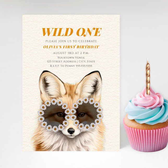 Vild 1 Wildblomsolglasögon Fox-Födelsedagsfest Inbjudningar (Skapare uppladdad)
