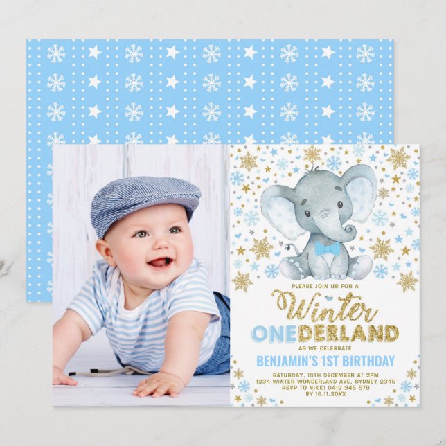 Vild 1 Winter ONEderland Elephant Boy Birthday Inbjudningar (Fram/baksida)
