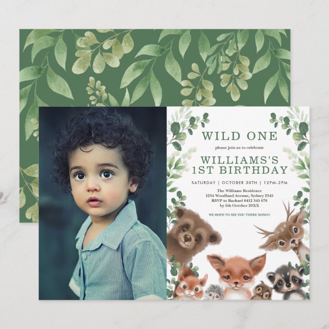 Vild 1 Woodland Animals Greenery Birthday Photo Inbjudningar (Fram/baksida)