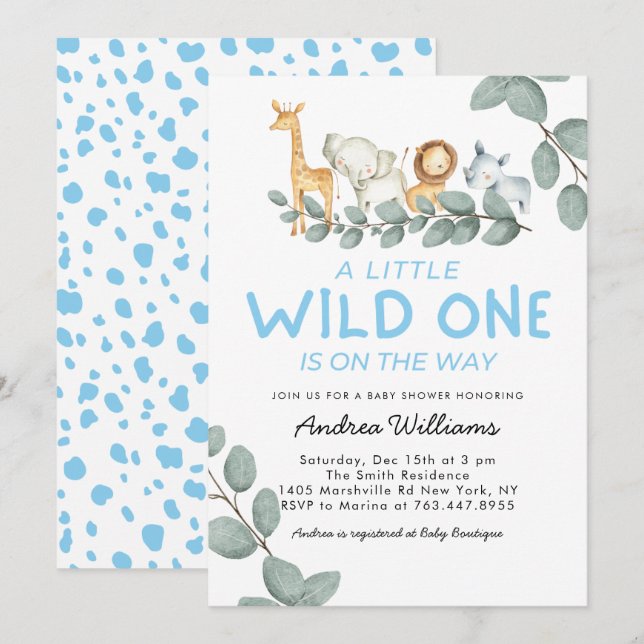 Vild 1 Zoo Animals Boy Baby Shower-inbjudan Inbjudningar (Fram/baksida)