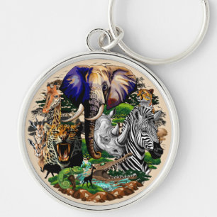 Vild African Savanna Animals Rund Silverfärgad Nyckelring