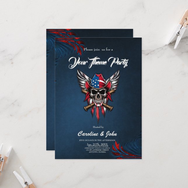 Vild, amerikansk skalle med baseball fladdermus. inbjudningar (Fram/Back In Situ)