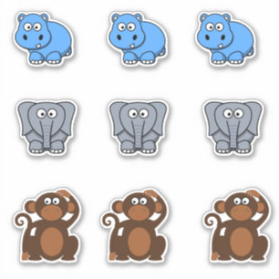 Vild Animal Hippo, Elephant, Monkey Tecknad Klistermärken