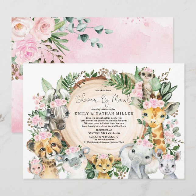 Vild Animal Safari Jungle Girl Baby Shower by Mail Inbjudningar (Fram/baksida)