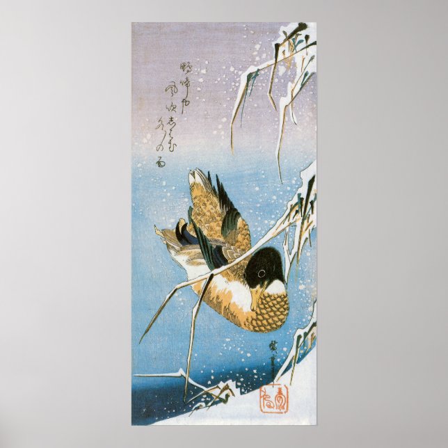 Vild Anka Swimming Snö Laden Reeds by Hiroshige Poster (Framsidan)