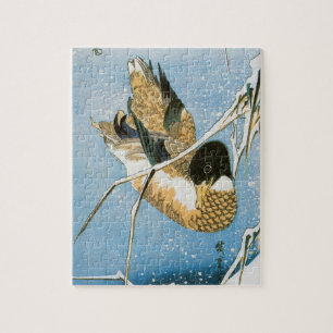 Vild Anka Swimming Snö Laden Reeds by Hiroshige Pussel