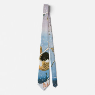 Vild Anka Swimming Snö Laden Reeds by Hiroshige Slips