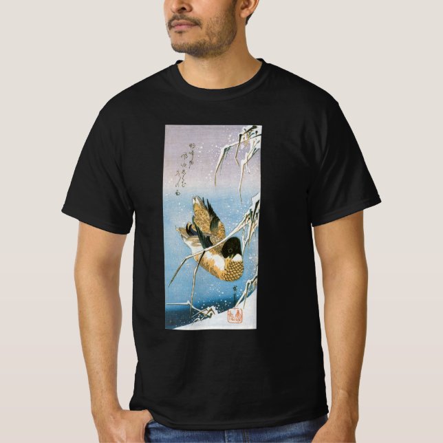 Vild Anka Swimming Snö Laden Reeds by Hiroshige T-shirt (Framsida)
