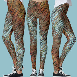 Vild Aqua Blue Brown och Orange Tribal Abstrakt Leggings