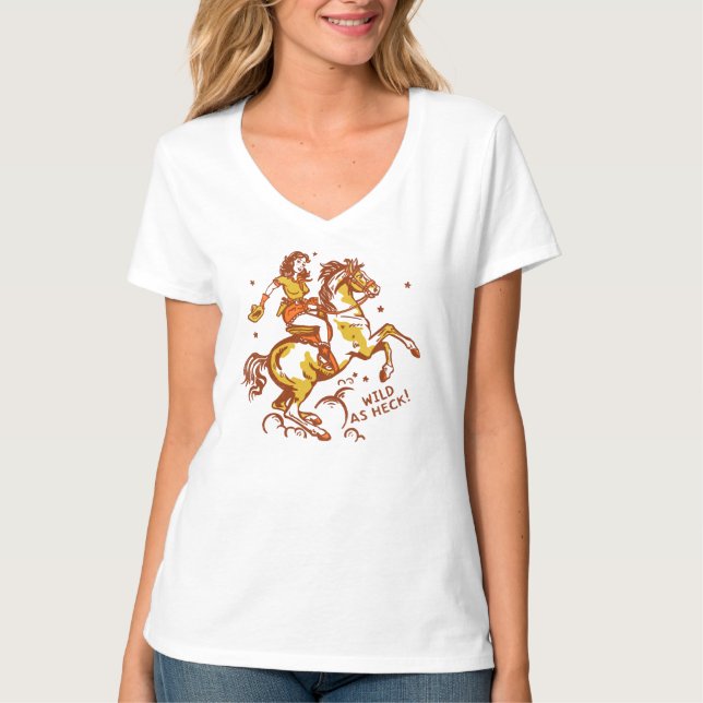 "Vild As Heck" Cute, Coola & Retro Cowgirl Art T Shirt (Framsida)