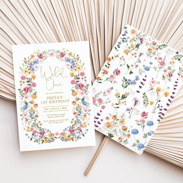 Vild av färgad Wildblomma 1:a födelsedagen Party Inbjudningar (Skapare uppladdad)