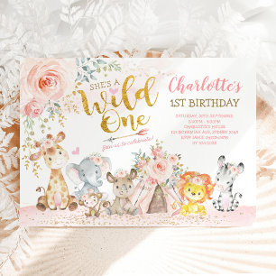 Vild av jungeldjur för unga flickor 1:a födelsedag inbjudningar