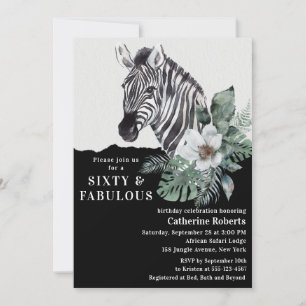 Vild av vattenfärgad Blommigt Zebra 60:e födelseda Inbjudningar
