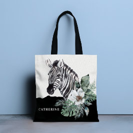 Vild av vattenfärgen Blommigt Zebra Personlig Namn Tygkasse