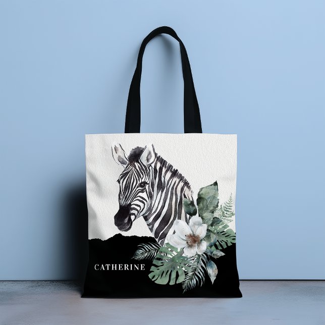 Vild av vattenfärgen Blommigt Zebra Personlig Namn Tygkasse (Skapare uppladdad)