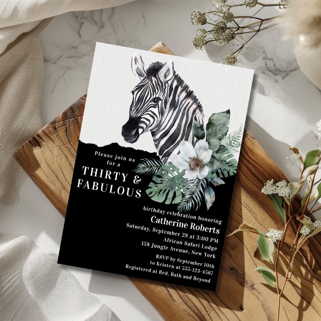 Vild av vattenfärgen Blommigt Zebra Tretty 30års f Inbjudningar (Skapare uppladdad)