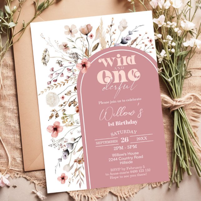 Vild av vilda blommor och inbjudan till födelsedag (Wildflower Wild and Onederful 1st Birthday Invitation - Girl 1st Birthday Invite)