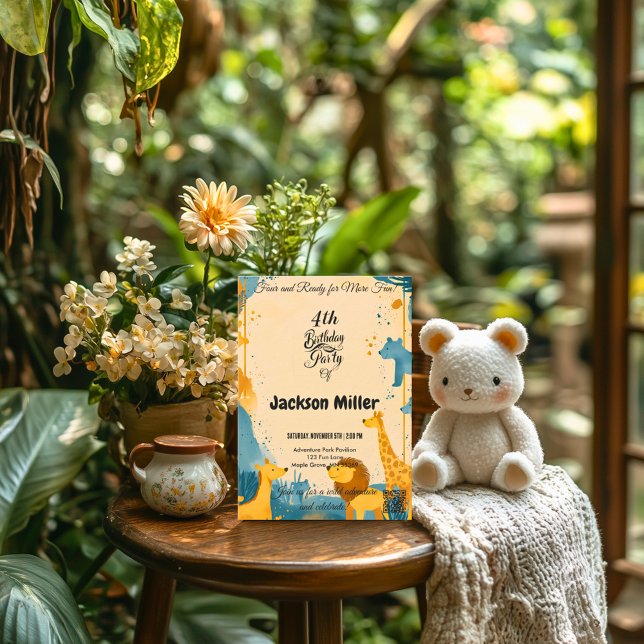 Vild Äventyr 4e födelsedagen Mustard och Dusty Blu Inbjudningar (Skapare uppladdad)