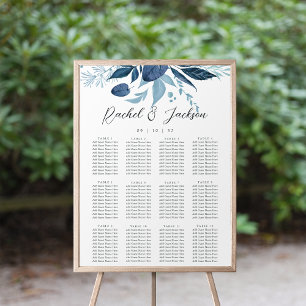 Vild Azure Blue Botanical Bröllop Seating Chart Poster
