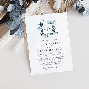 Vild Azure Monogram bröllopsinbjudan Inbjudningar