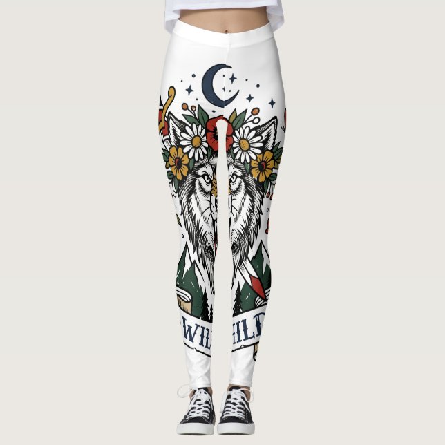 Vild Barn Varg Blomma Kronan Dolk Tatuering Blixt  Leggings (Framsida)