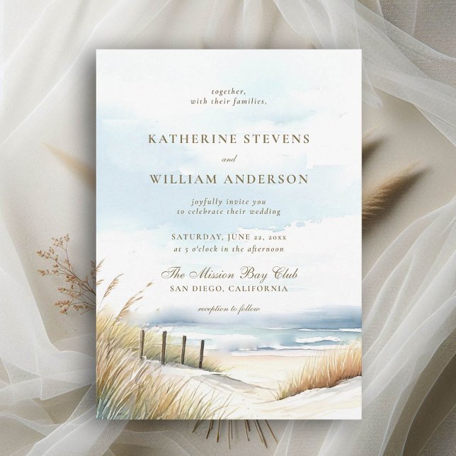 Vild Beach Fence Ocean Grass Art Elegant bröllop Inbjudningar (wild beach wedding invitation dreamy watercolor ocean fence grass nature formal modern classic)