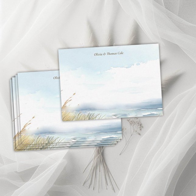 Vild Beach Fence Ocean Grass Rand Bröllop par Anteckningskort (wild beach wedding couple note card dreamy watercolor ocean fence grass nature formal modern classic)