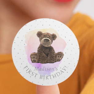 Vild Bear Rosa First Birthday Cute Modern Runt Klistermärke