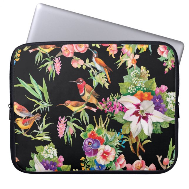 Vild Birds Flowers: Black Vintage Laptop Fodral (Framsidan)