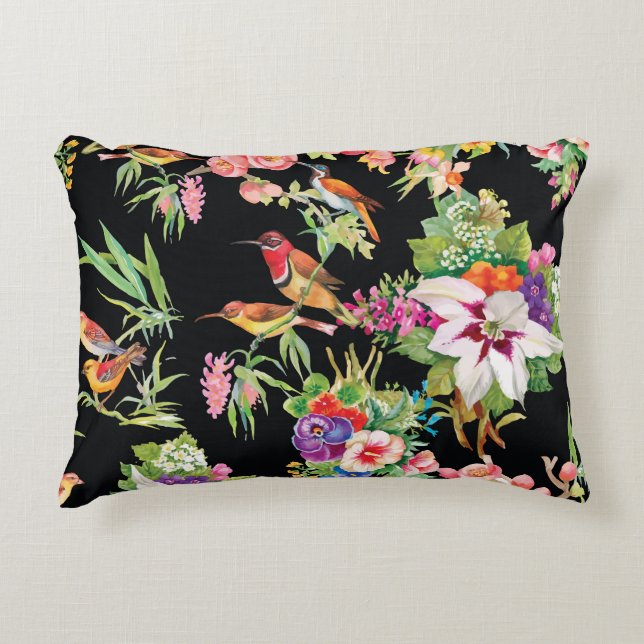 Vild Birds Flowers: Black Vintage Prydnadskudde (Framsidan)
