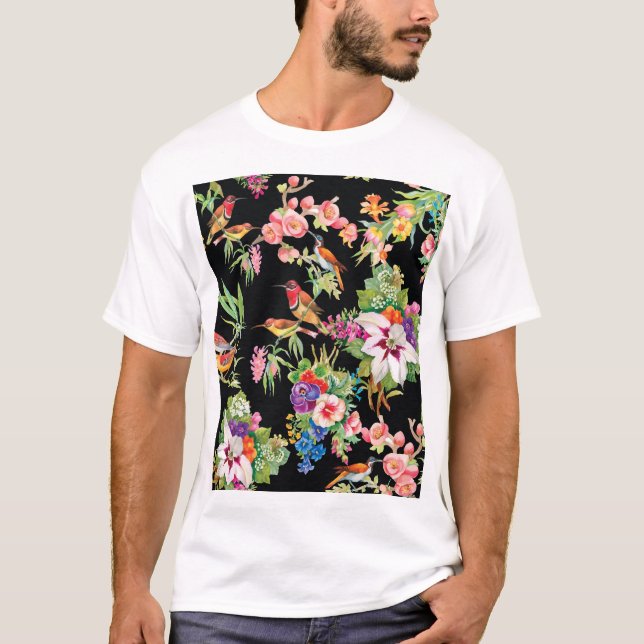 Vild Birds Flowers: Black Vintage T Shirt (Framsida)