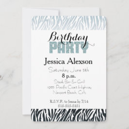 Vild blå svart zebra födelsedagsglitterfest inbjudningar