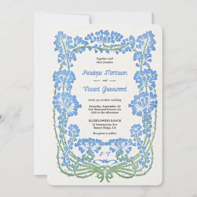 Vild Blåa blommor Letterpress Stil Bröllop Inbjudningar (Framsida)