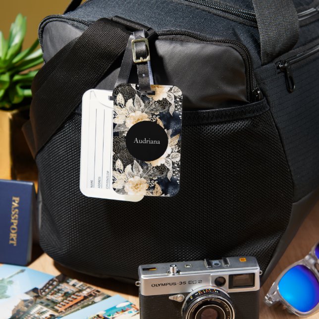 Vild Black Cream Leopard Animal Blommigt Bagagebricka (Framsida & Baksida)