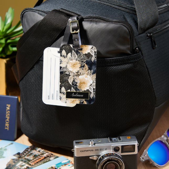 Vild Black Cream Leopard Animal Blommigt Bagagebricka (Framsida & Baksida)