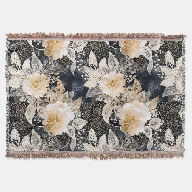 Vild Black Cream Leopard Animal Blommigt Filt (Framsidan)