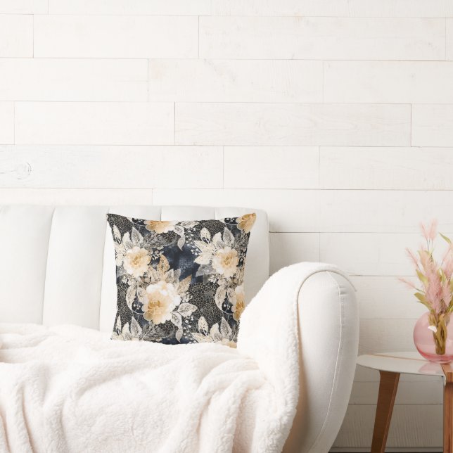 Vild Black Cream Leopard Animal Blommigt Kudde (Soffa)