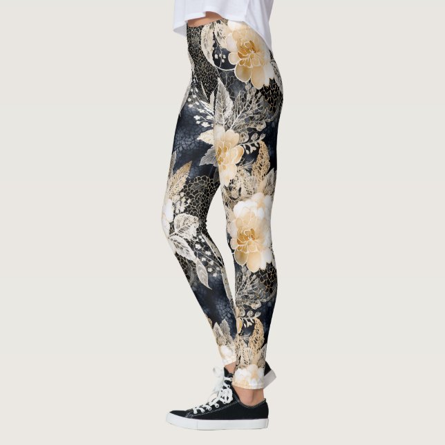 Vild Black Cream Leopard Animal Blommigt Leggings (Vänster)