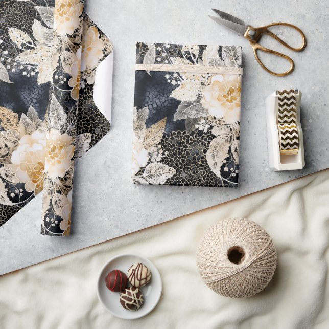 Vild Black Cream Leopard Animal Blommigt Presentpapper (Hantverk)