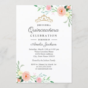Vild Blomma Persika Rosa Blommig Quinceanera Inbju Inbjudningar